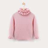 Girls Ruffle Neck Cashmere Sweater Ribbed Knit Pullover Flared Cuffs Pink 100