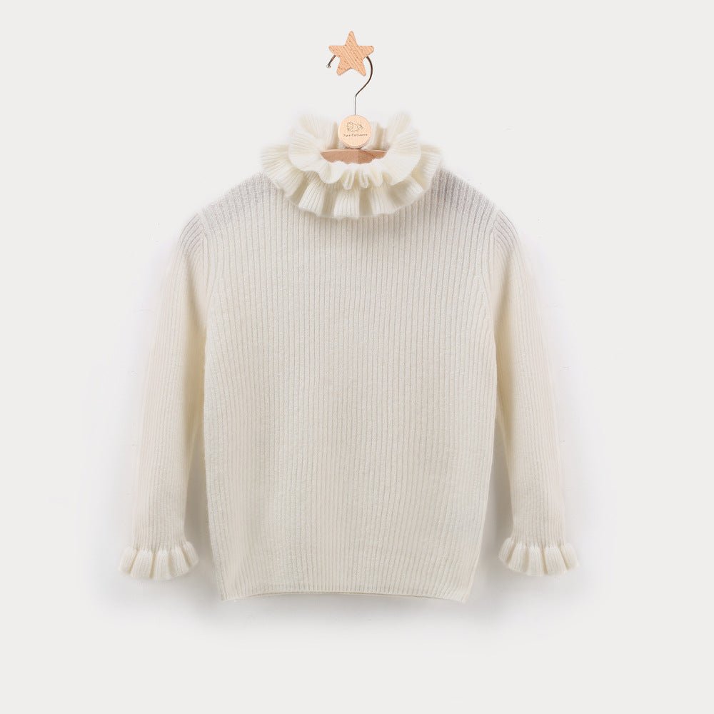 Girls Ruffle Neck Cashmere Sweater Ribbed Knit Pullover Flared Cuffs Ivory 100