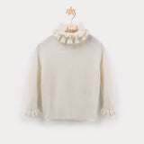 Girls Ruffle Neck Cashmere Sweater Ribbed Knit Pullover Flared Cuffs Ivory 100