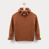 Girls Ruffle Neck Cashmere Sweater Ribbed Knit Pullover Flared Cuffs Brown 100