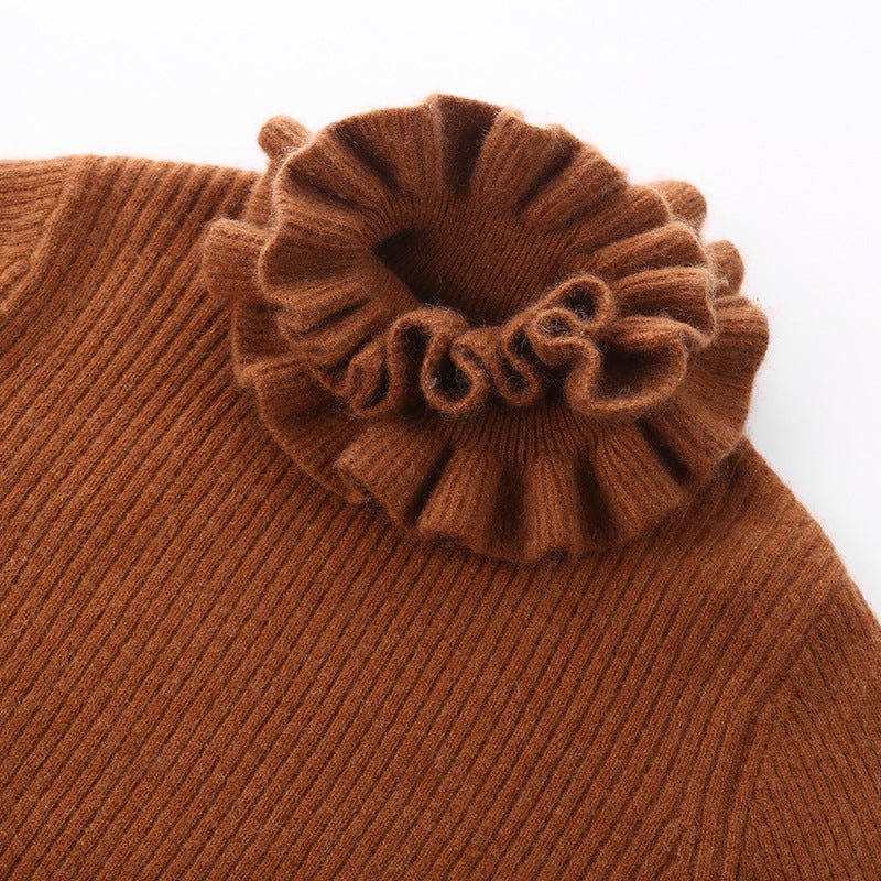 Girls Ruffle Neck Cashmere Sweater Ribbed Knit Pullover Flared Cuffs Brown 100