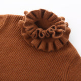 Girls Ruffle Neck Cashmere Sweater Ribbed Knit Pullover Flared Cuffs Brown 100