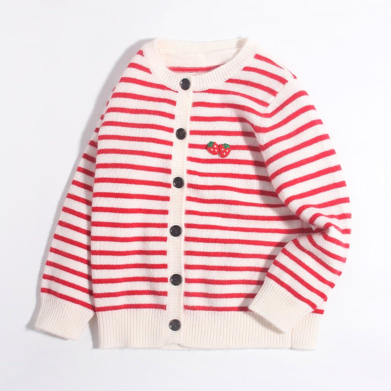 Girls Striped Cashmere Cardigan Kids Strawberry Embroidery Cashmere Sweater Red 90