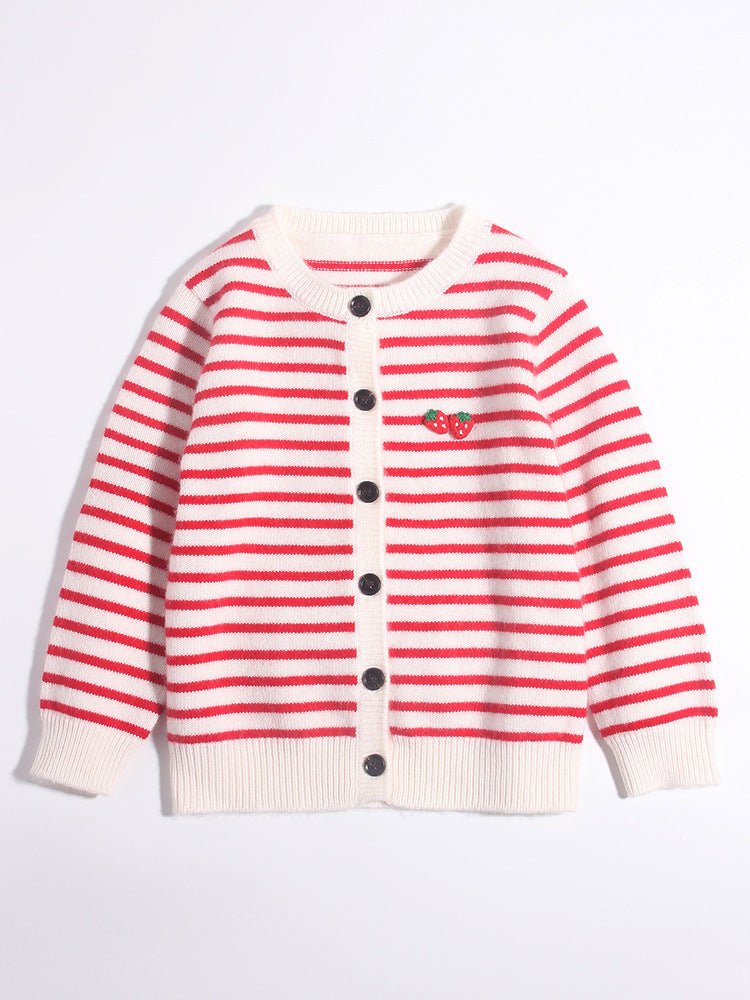 Girls Striped Cashmere Cardigan Kids Strawberry Embroidery Cashmere Sweater Red 90