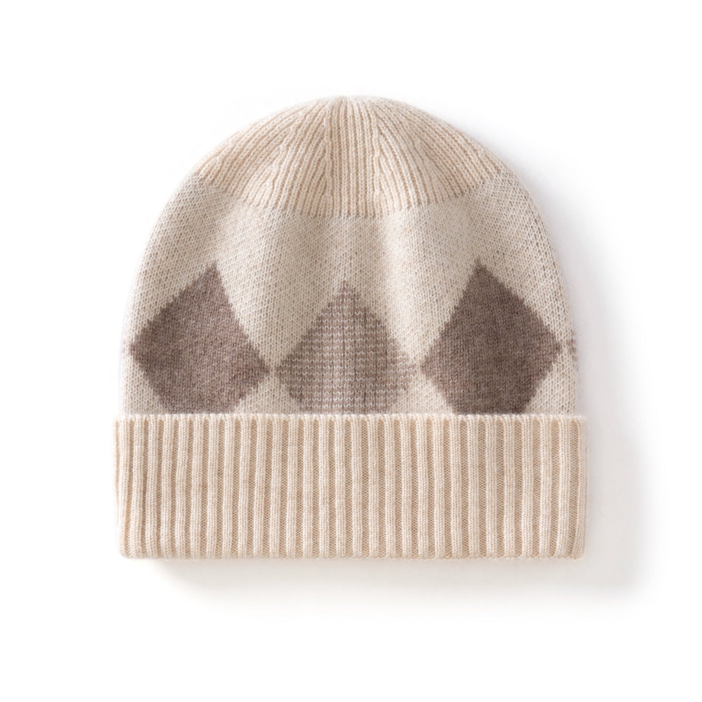 Kids Argyle Cashmere Beanie Hat Ribbed Edge Cashmere Beanie with Diamond Pattern