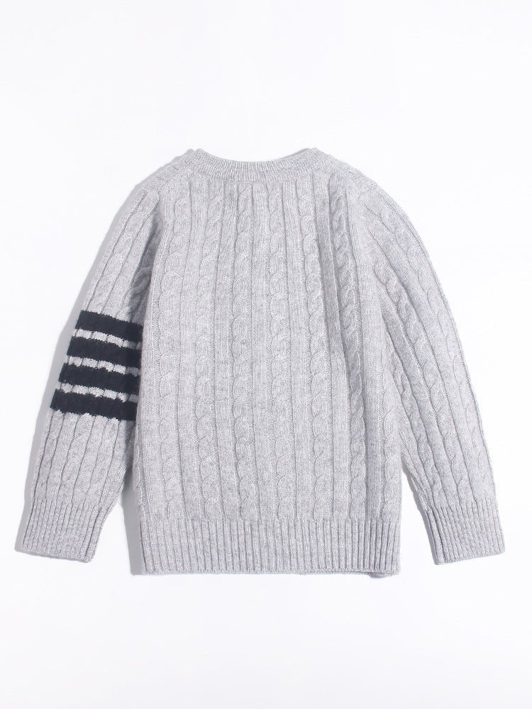 Kids Cable Knit Cashmere Cardigan Stripe Sleeve Cashmere Sweater Ribbing Hem Grey 90