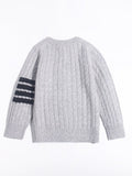 Kids Cable Knit Cashmere Cardigan Stripe Sleeve Cashmere Sweater Ribbing Hem Grey 90