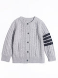 Kids Cable Knit Cashmere Cardigan Stripe Sleeve Cashmere Sweater Ribbing Hem Grey 90
