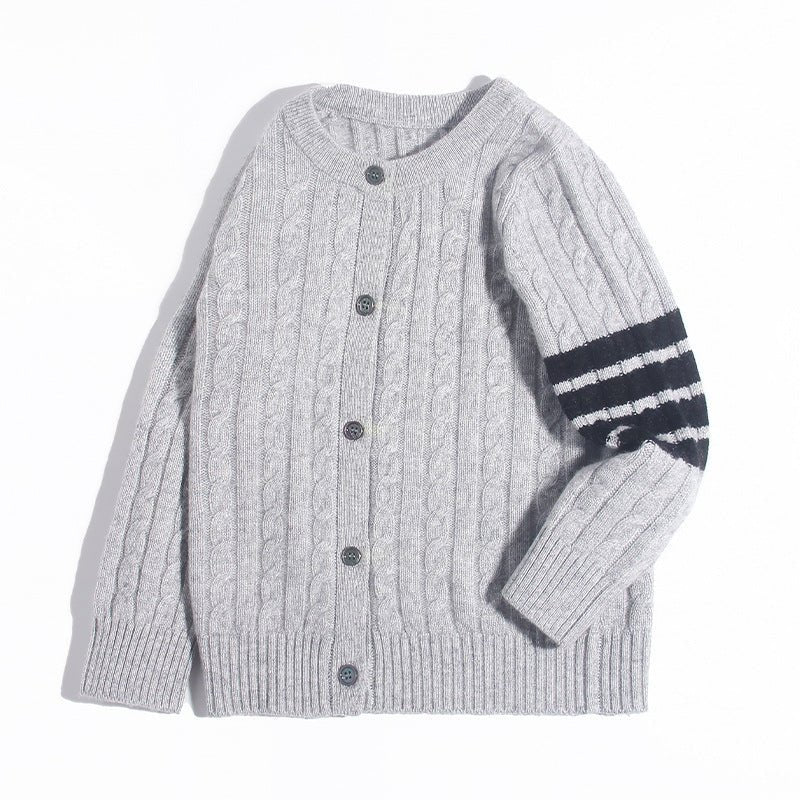 Kids Cable Knit Cashmere Cardigan Stripe Sleeve Cashmere Sweater Ribbing Hem Grey 90
