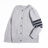 Kids Cable Knit Cashmere Cardigan Stripe Sleeve Cashmere Sweater Ribbing Hem Grey 90