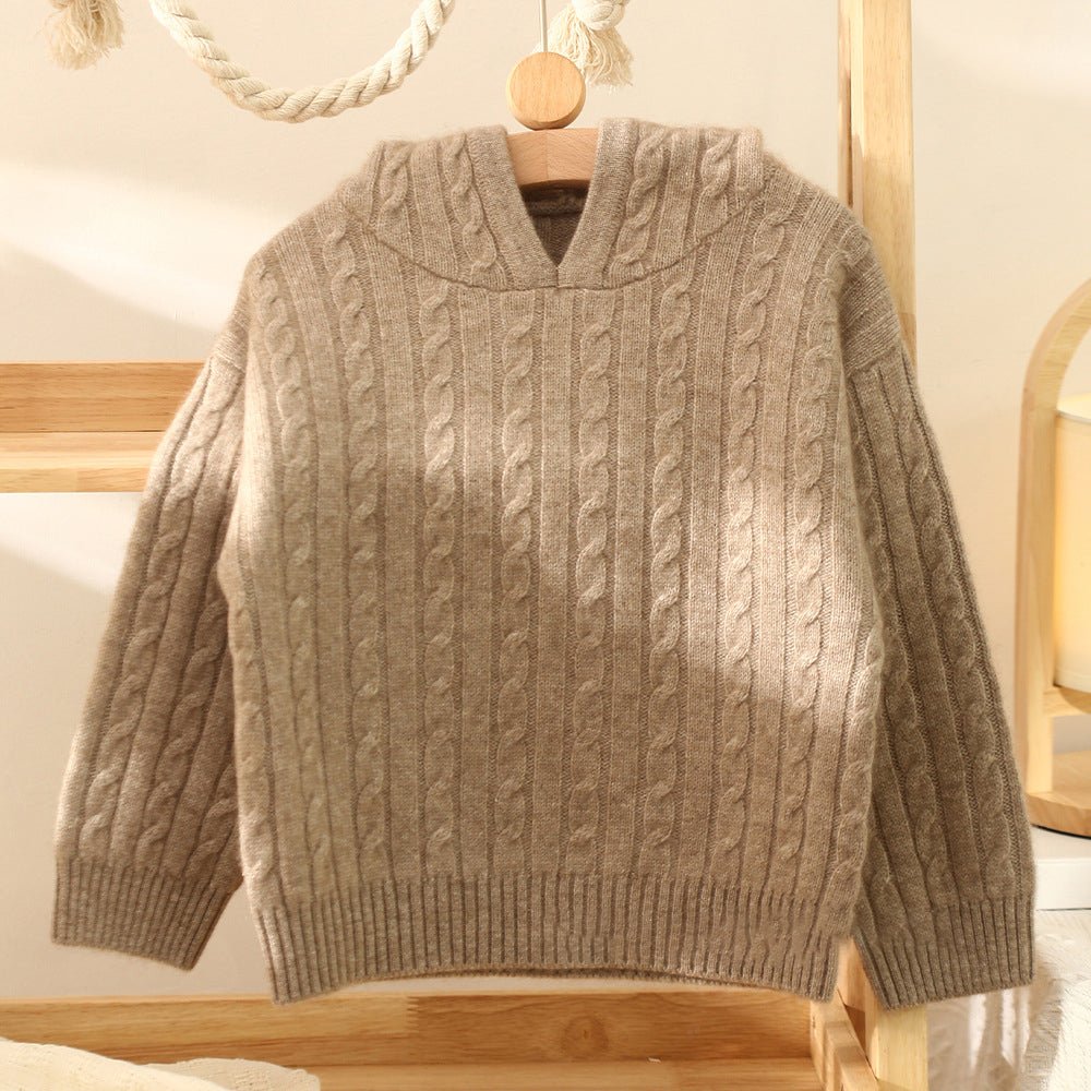 Kids Cable Knit Cashmere Hoodie Long Sleeve Cashmere Sweater Taupe 90