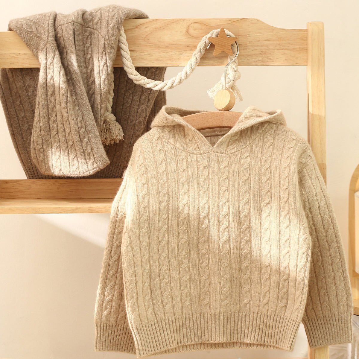 Kids Cable Knit Cashmere Hoodie Long Sleeve Cashmere Sweater Beige 90