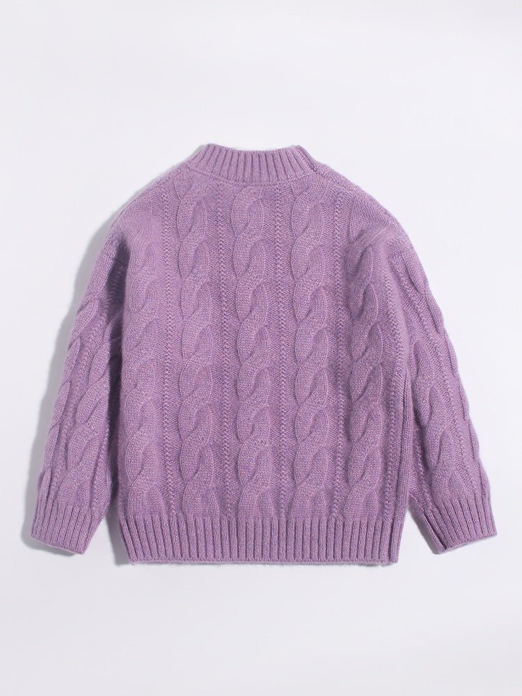 Kids Cable Knit Cashmere Sweater Crew Neck Long Sleeve Cashmere Pullover Purple 90