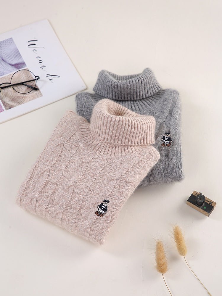 Kids Cable Knit Cashmere Sweater Turtleneck Crest Patch Cashmere Pullover Grey 90