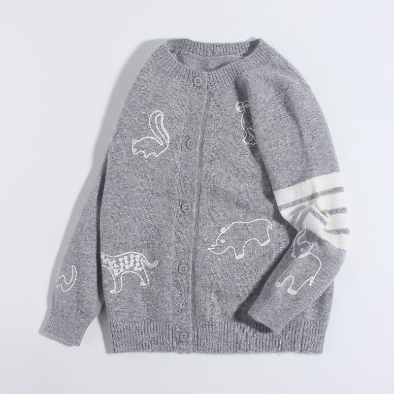 Kids Cashmere Cardigan Animal Embroidery Stripe Sleeve Cashmere Sweater Grey 90