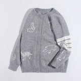Kids Cashmere Cardigan Animal Embroidery Stripe Sleeve Cashmere Sweater Grey 90
