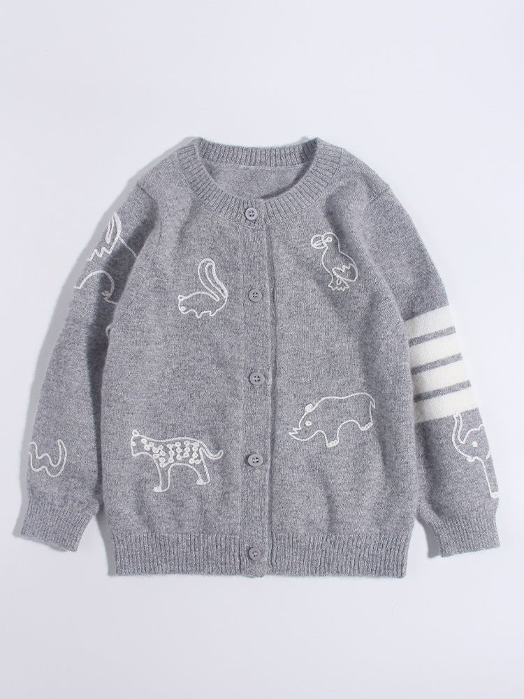 Kids Cashmere Cardigan Animal Embroidery Stripe Sleeve Cashmere Sweater Grey 90