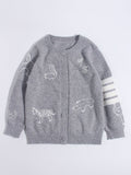 Kids Cashmere Cardigan Animal Embroidery Stripe Sleeve Cashmere Sweater Grey 90