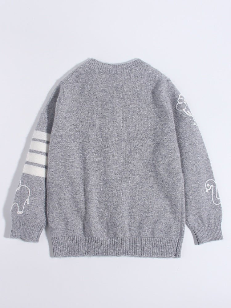 Kids Cashmere Cardigan Animal Embroidery Stripe Sleeve Cashmere Sweater Grey 90