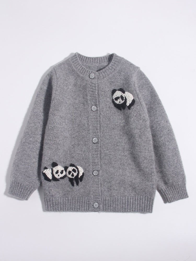 Kids Cashmere Cardigan Cute Panda Embroidery Button Front Cashmere Sweater Grey 90
