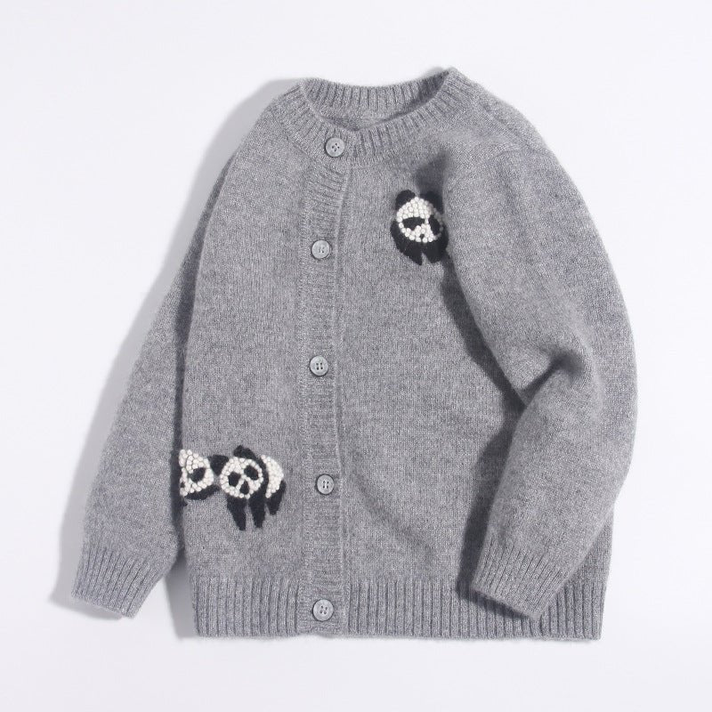 Kids Cashmere Cardigan Cute Panda Embroidery Button Front Cashmere Sweater Grey 90