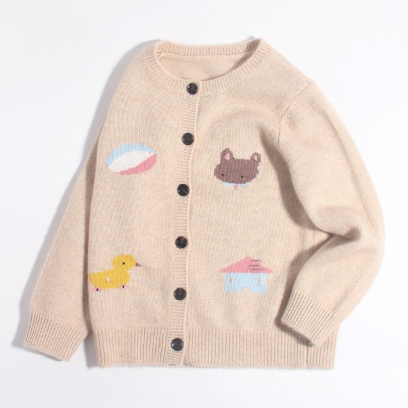 Kids Cashmere Cardigan Playful Cartoon Knit Designs Cashmere Sweater Beige 90