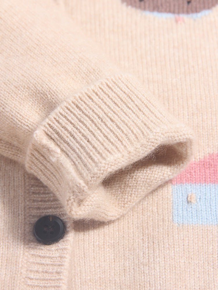 Kids Cashmere Cardigan Playful Cartoon Knit Designs Cashmere Sweater Beige 90