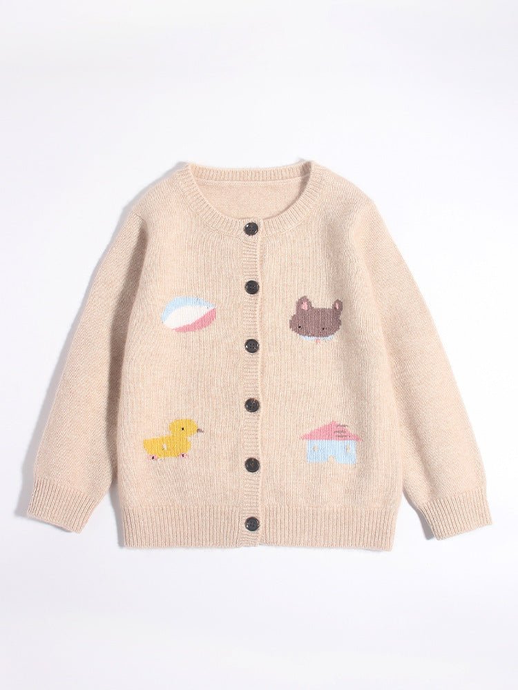 Kids Cashmere Cardigan Playful Cartoon Knit Designs Cashmere Sweater Beige 90