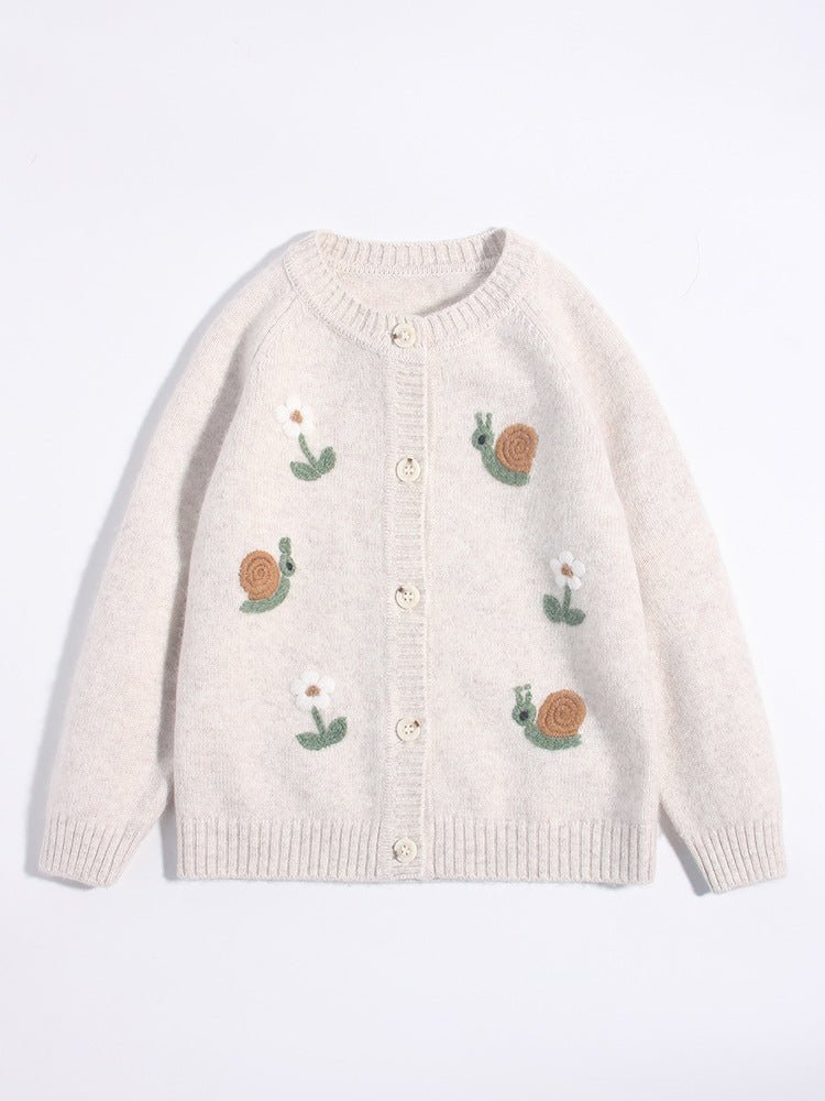 Kids Cashmere Cardigan Snail Flower Embroidery Knit Cashmere Sweater for Girls Beige 80