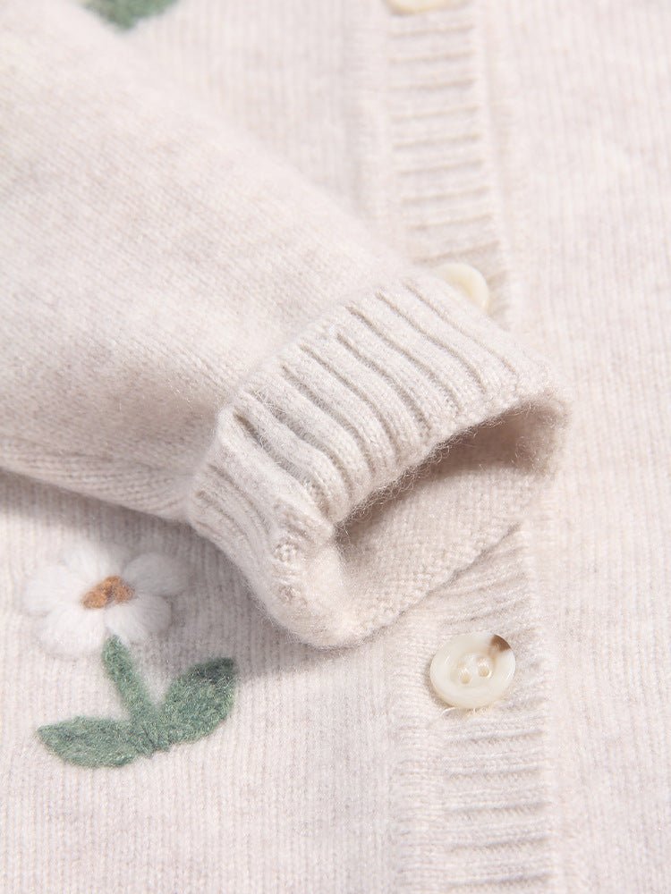Kids Cashmere Cardigan Snail Flower Embroidery Knit Cashmere Sweater for Girls Beige 80