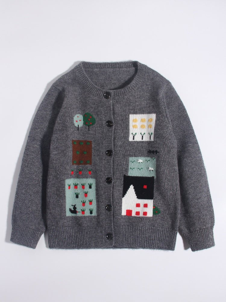 Kids Cashmere Cardigan Village Scene Knit Long Sleeve Cashmere Sweater Grey 80