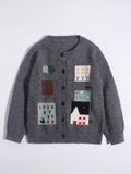 Kids Cashmere Cardigan Village Scene Knit Long Sleeve Cashmere Sweater Grey 80