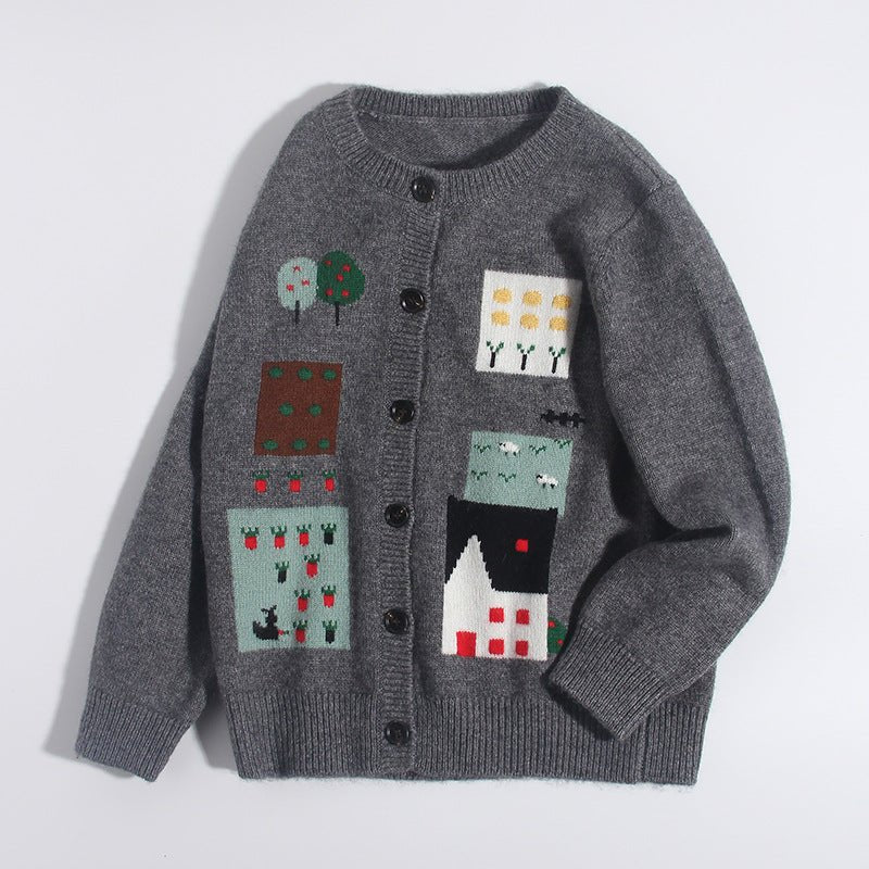Kids Cashmere Cardigan Village Scene Knit Long Sleeve Cashmere Sweater Grey 80