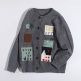 Kids Cashmere Cardigan Village Scene Knit Long Sleeve Cashmere Sweater Grey 80