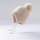 Kids Cashmere Knit Hat with Earflaps and Ties Pom - Pom Cashmere Beanie