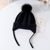 Kids Cashmere Knit Hat with Earflaps and Ties Pom - Pom Cashmere Beanie