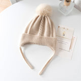 Kids Cashmere Knit Hat with Earflaps and Ties Pom - Pom Cashmere Beanie