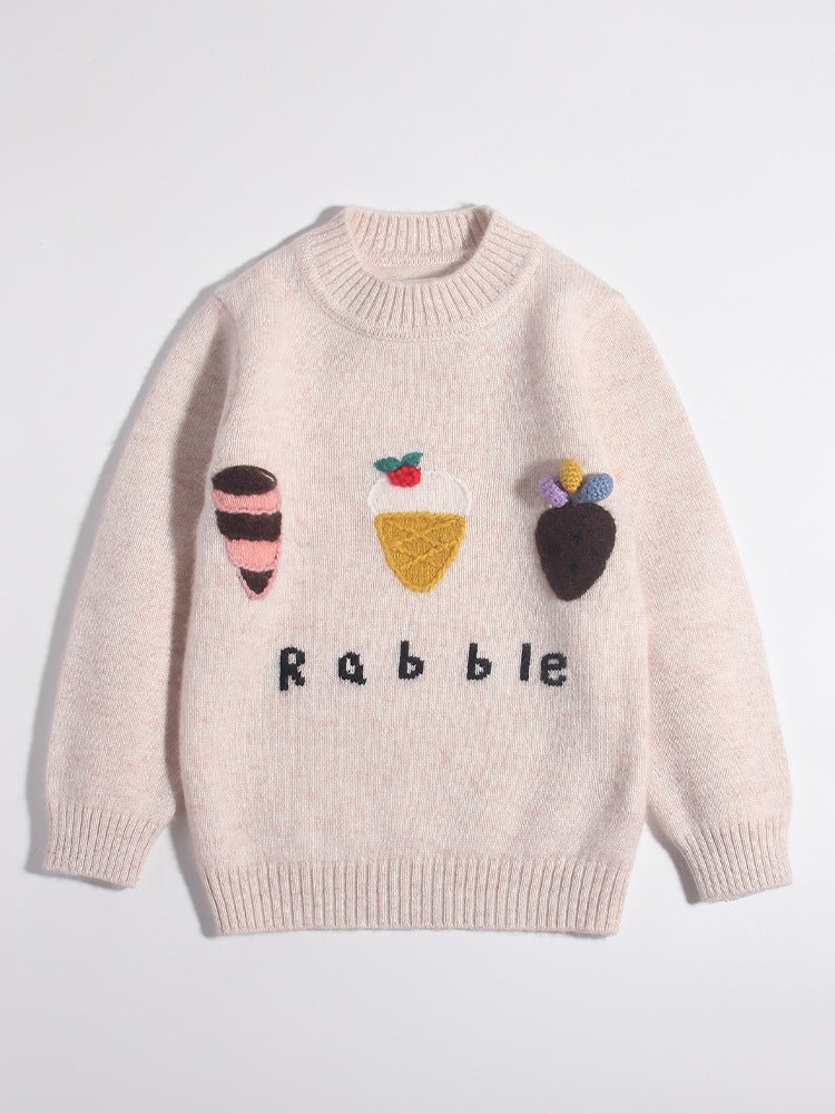 Kids Cashmere Sweater 3D Dessert Motifs Cashmere Pullover Ribbing Edge Beige 90