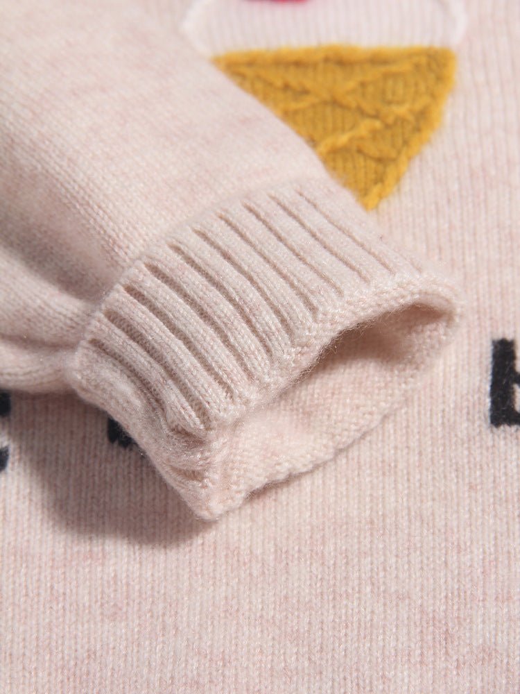 Kids Cashmere Sweater 3D Dessert Motifs Cashmere Pullover Ribbing Edge Beige 90
