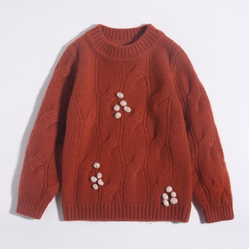 Kids Cashmere Sweater 3D Pom - Pom Floral Accents Cashmere Pullover Brown 90