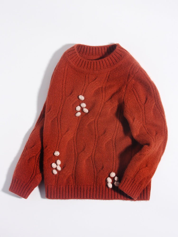 Kids Cashmere Sweater 3D Pom - Pom Floral Accents Cashmere Pullover Brown 90