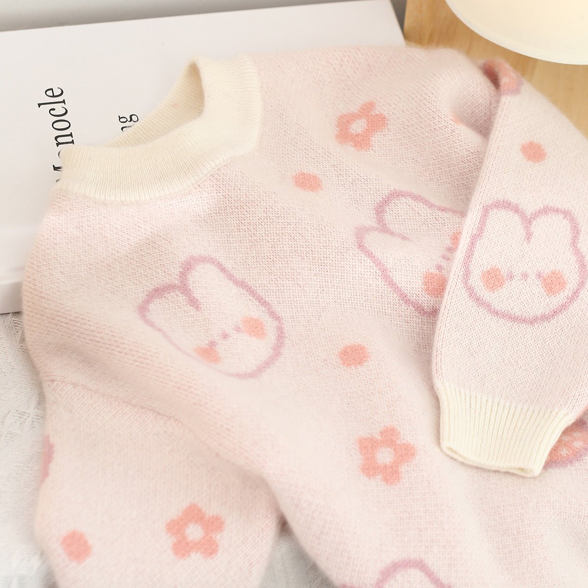 Kids Cashmere Sweater Bunny Strawberry Print Cashmere Knit Pullover Pink 90