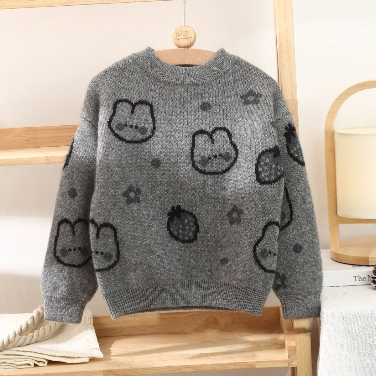 Kids Cashmere Sweater Bunny Strawberry Print Cashmere Knit Pullover Grey 90
