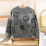 Kids Cashmere Sweater Bunny Strawberry Print Cashmere Knit Pullover Grey 90