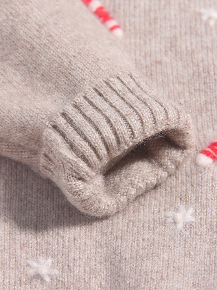 Kids Cashmere Sweater Candy Cane Snowflake Pattern Cashmere Pullover Camel 90