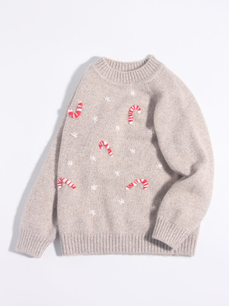 Kids Cashmere Sweater Candy Cane Snowflake Pattern Cashmere Pullover Camel 90