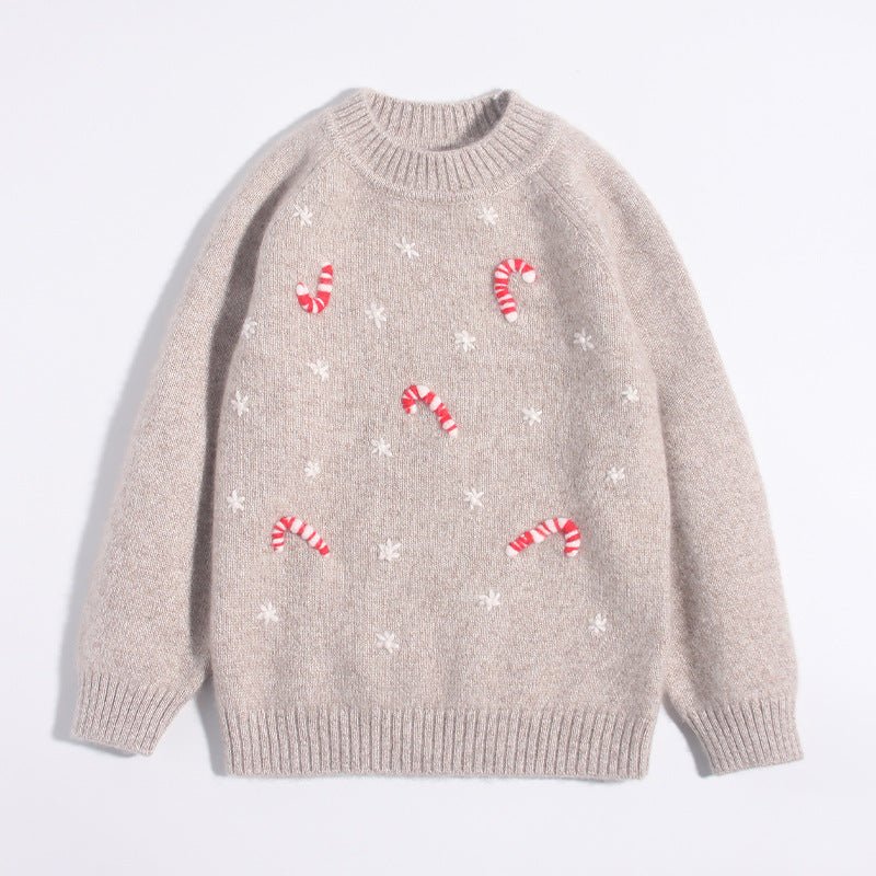 Kids Cashmere Sweater Candy Cane Snowflake Pattern Cashmere Pullover Camel 90