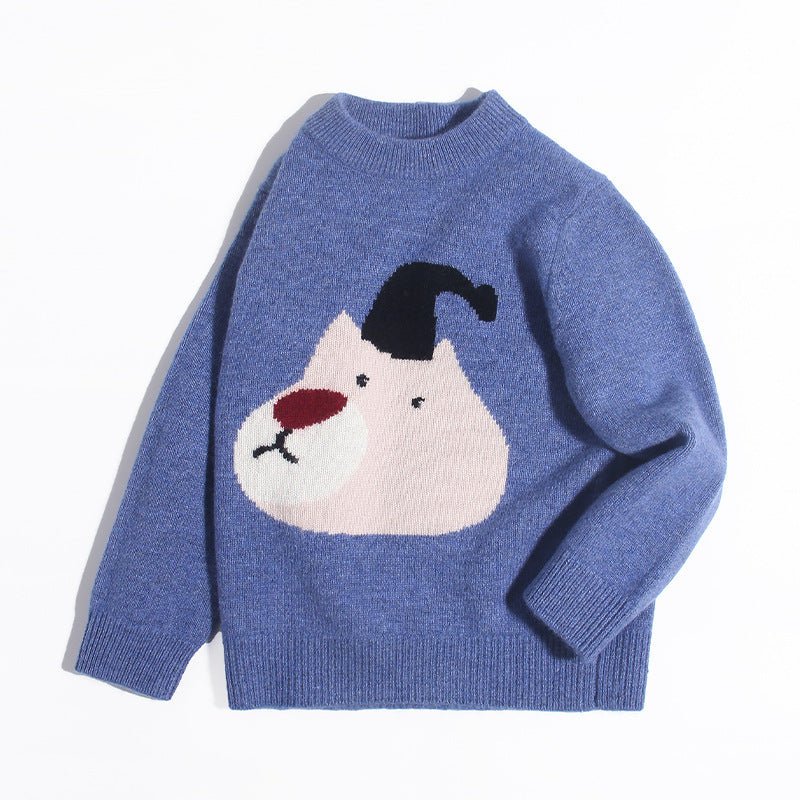 Kids Cashmere Sweater Cartoon Bear Intarsia Crew Neck Cashmere Pullover Blue 80
