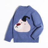 Kids Cashmere Sweater Cartoon Bear Intarsia Crew Neck Cashmere Pullover Blue 80