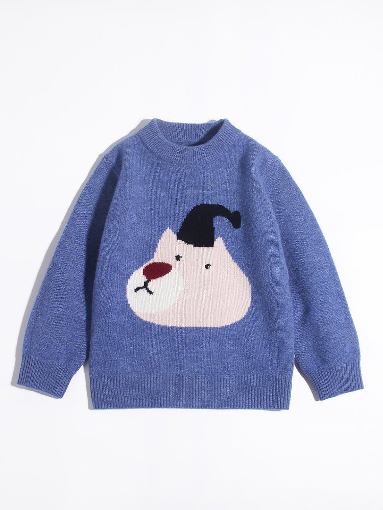 Kids Cashmere Sweater Cartoon Bear Intarsia Crew Neck Cashmere Pullover Blue 80